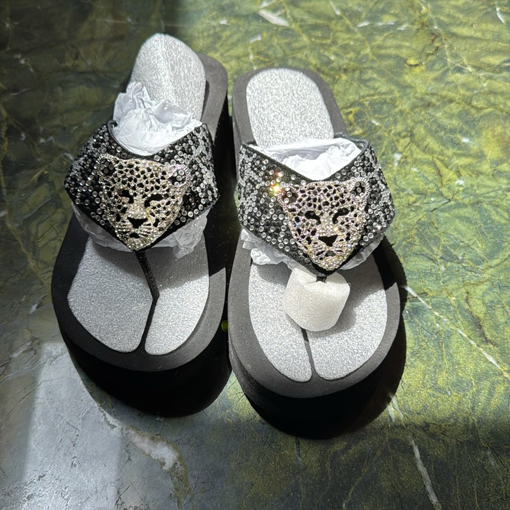 Grazie Wedge slip on Sandal Flip Flops Leopard Embellishment and animal print
